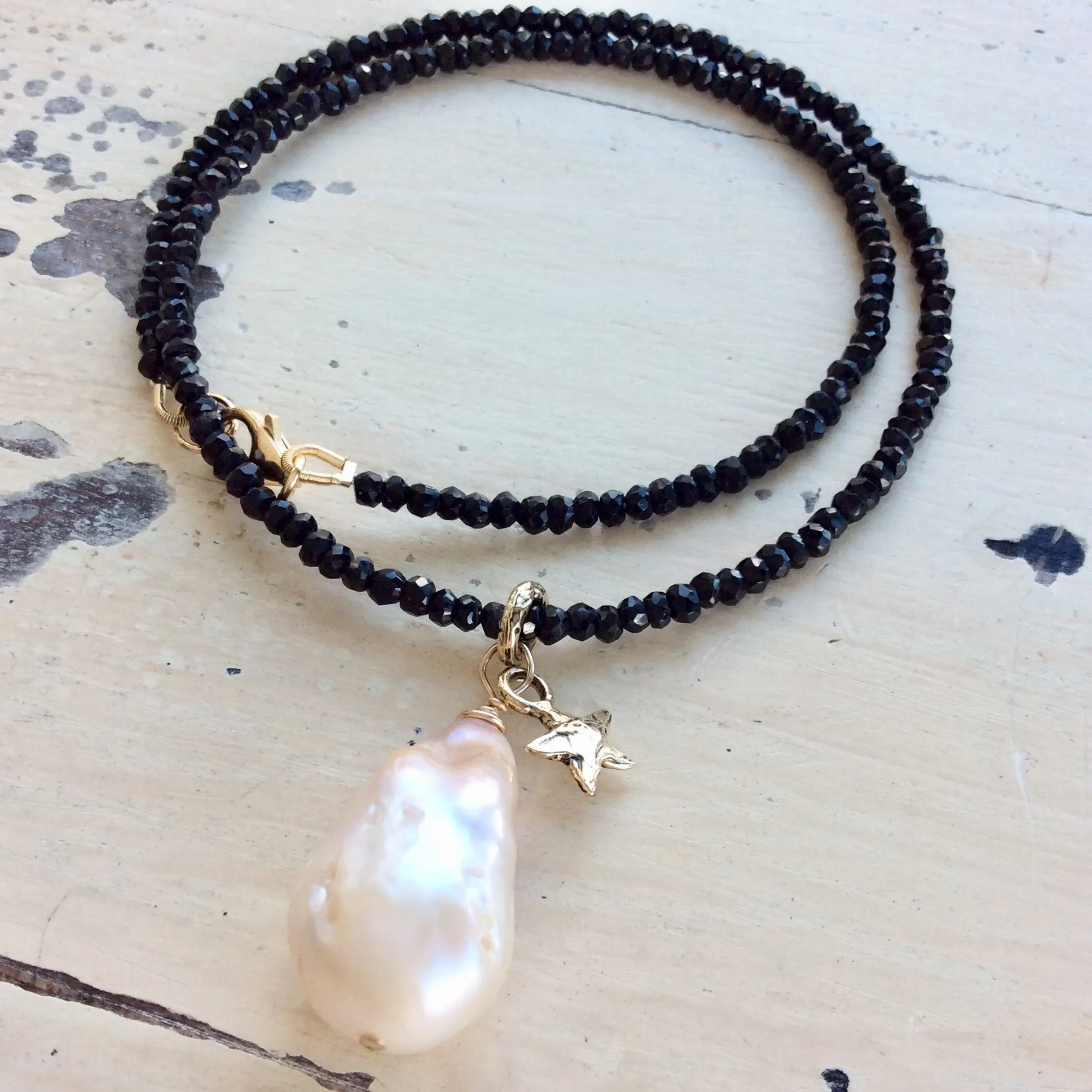 Genuine Baroque Pearl Necklace, Black Spinel Necklace,Tiny Star Charm