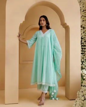 Ghazal Sea Green Lino Mul Gathered Lace Suit Set