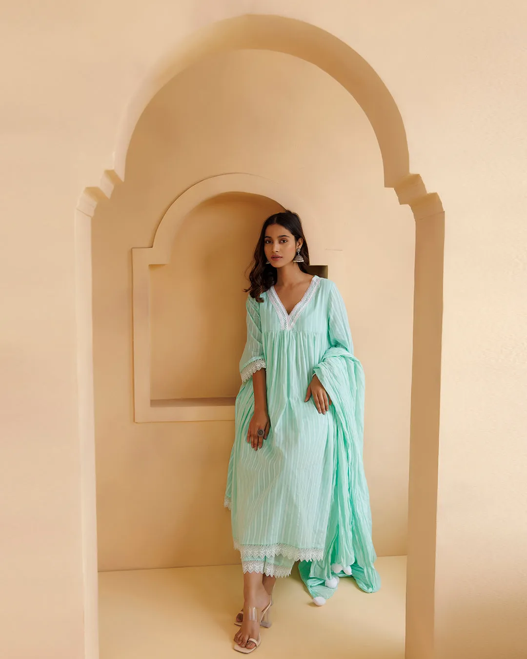 Ghazal Sea Green Lino Mul Gathered Lace Suit Set