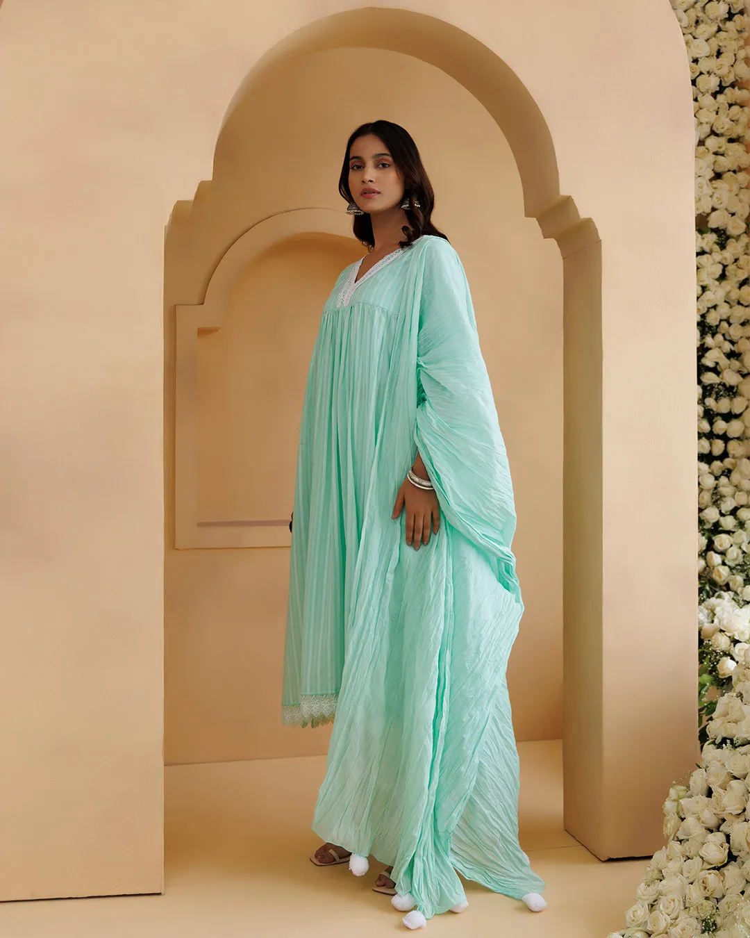 Ghazal Sea Green Lino Mul Gathered Lace Suit Set