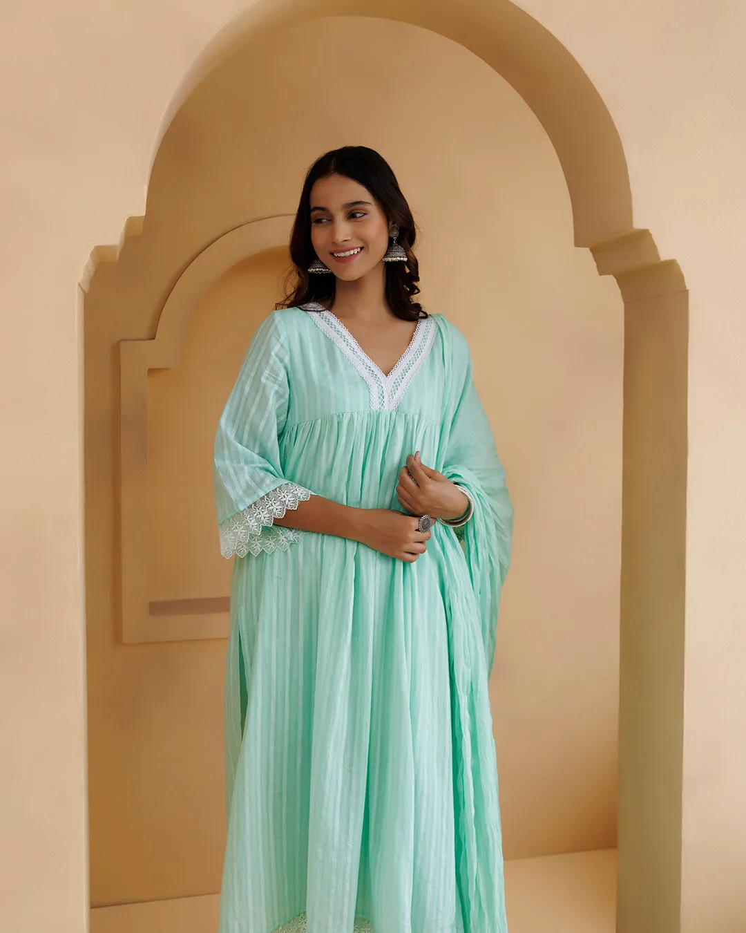 Ghazal Sea Green Lino Mul Gathered Lace Suit Set