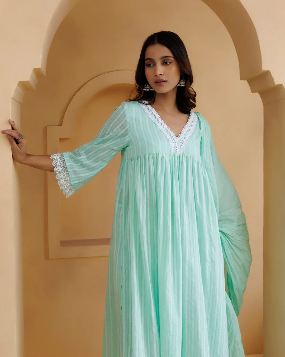 Ghazal Sea Green Lino Mul Gathered Lace Suit Set