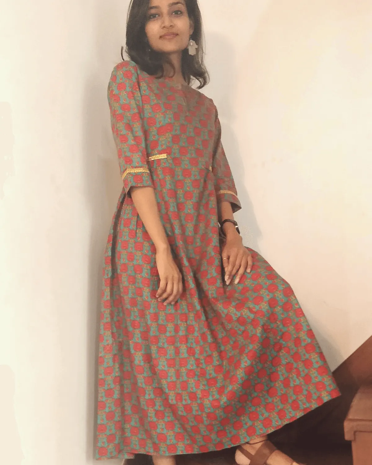 Green & Red Side Pleat Kurta