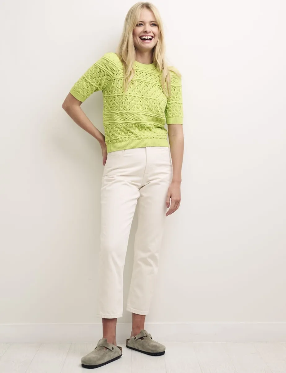 Green Knitted Short Sleeve Mock-Crochet Jumper