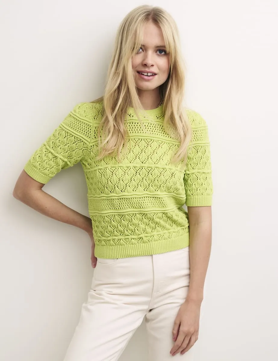 Green Knitted Short Sleeve Mock-Crochet Jumper