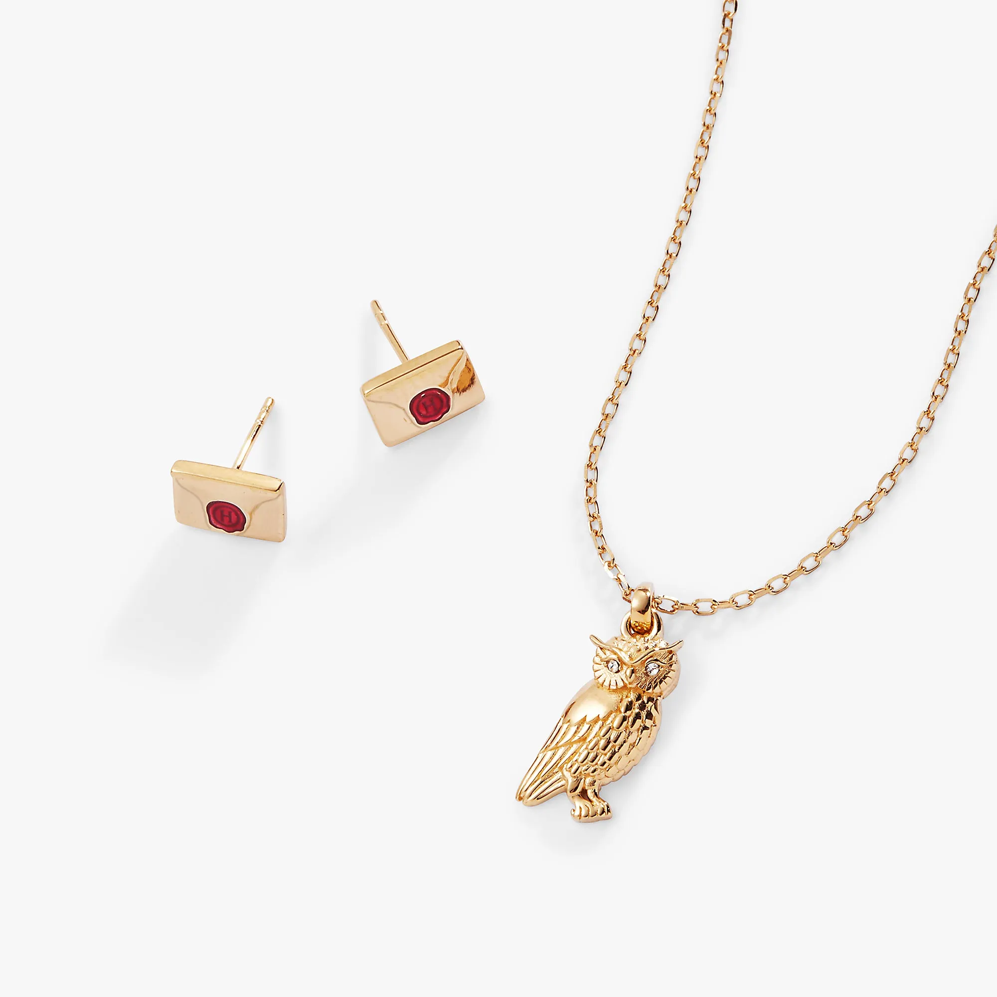 HARRY POTTER Owl and Hogwarts Letter Necklace and Earring Set, 14kt Gold Plated