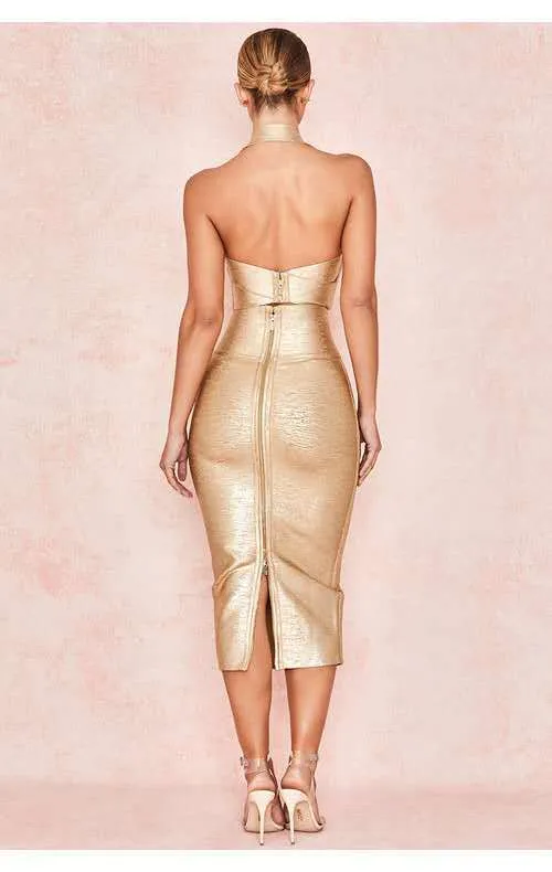 High Quality Gold 2 Pieces Set Knee Length Rayon Bandage Dress Evening Party Bodycon Dress