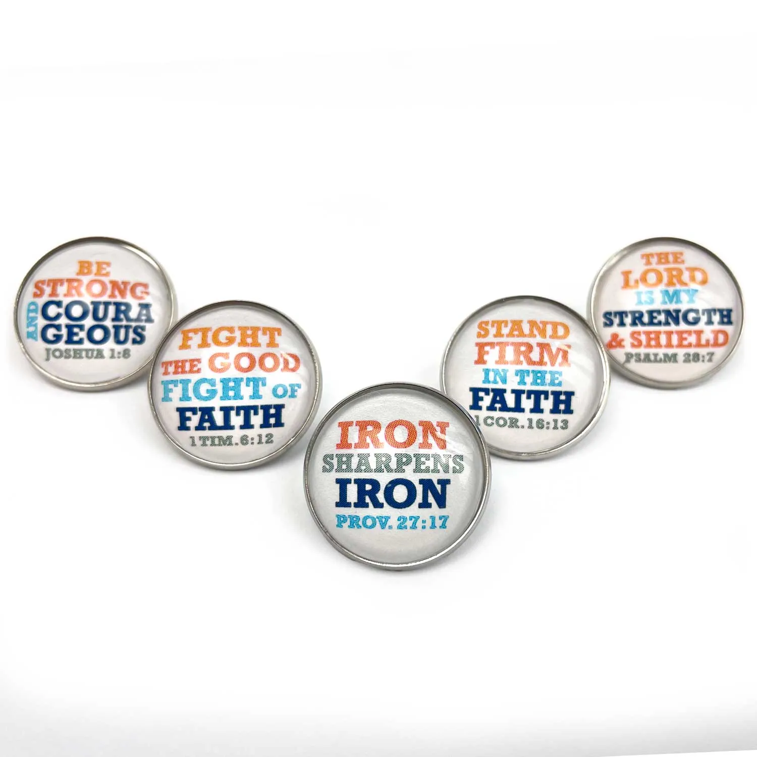 Iron Sharpens Iron Set of Glass Pinback Buttons, Lapel Pins