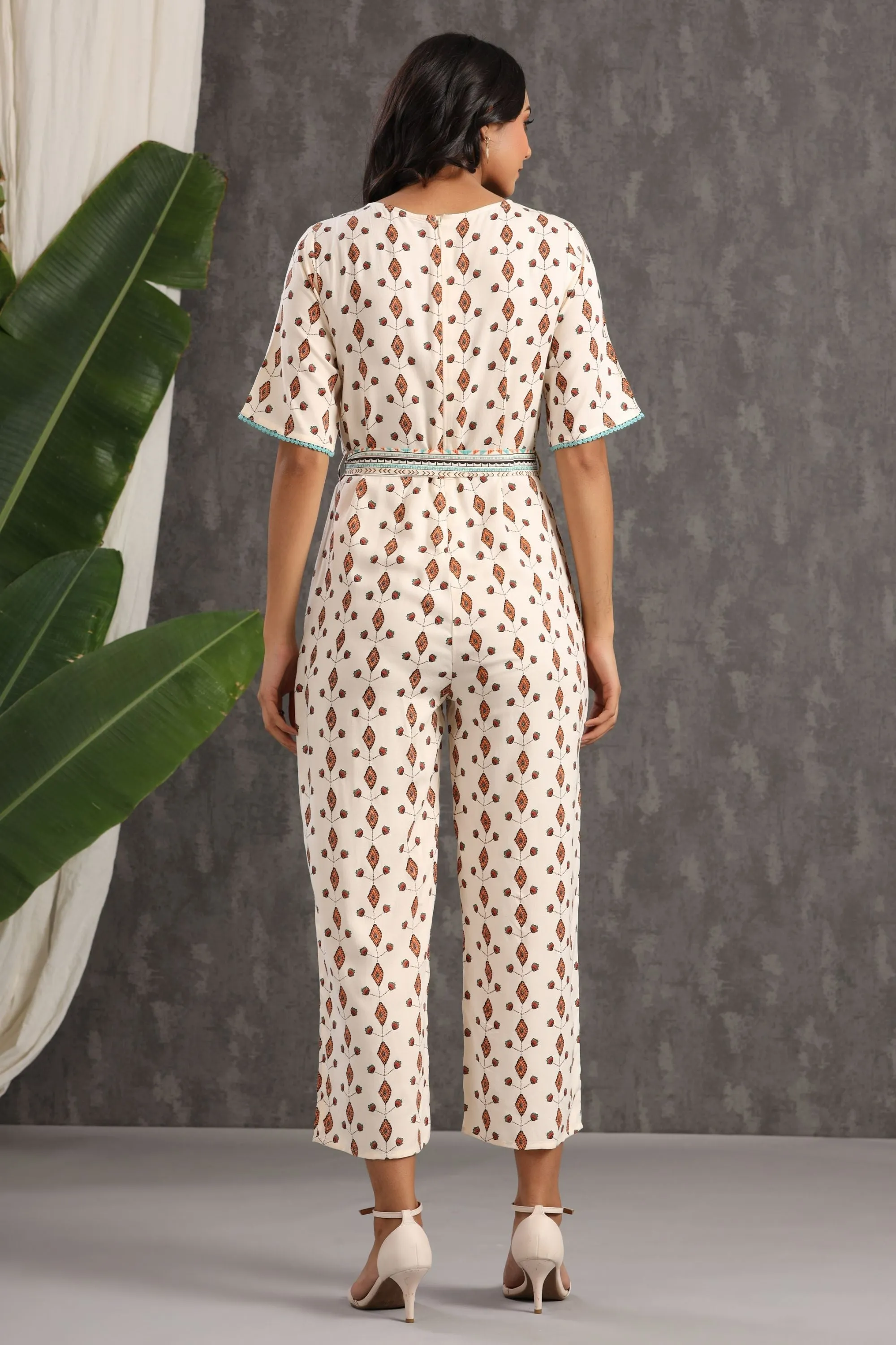 Juniper Ivory Ethnic Motif Printed Rayon Jumpsuit With Zip