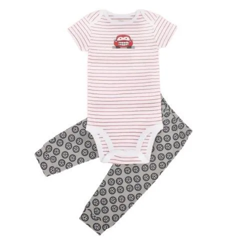 Kaarpas 100% Premium Organic Cotton 2 Piece Car & Wheels Print Bodysuit Onesie & Pant Set White With Red Lines & Grey Pant (KAON1028) (Certified ORGANIC) - 1 Pc (9 To 12 Months)