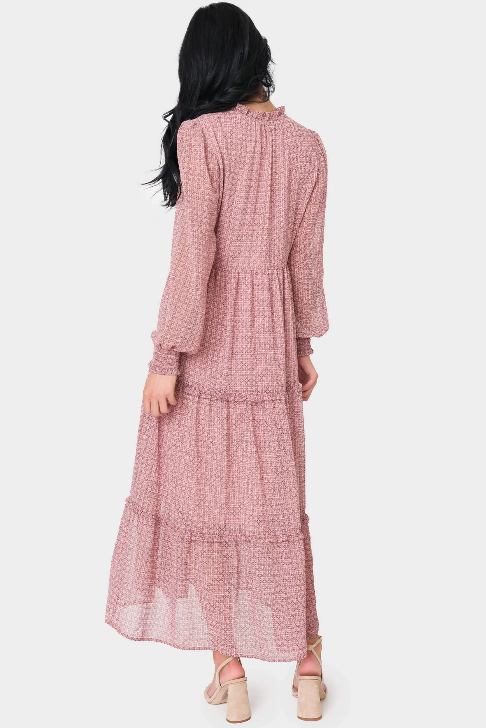 Long Sleeve Printed Chiffon Tiered Maxi Dress