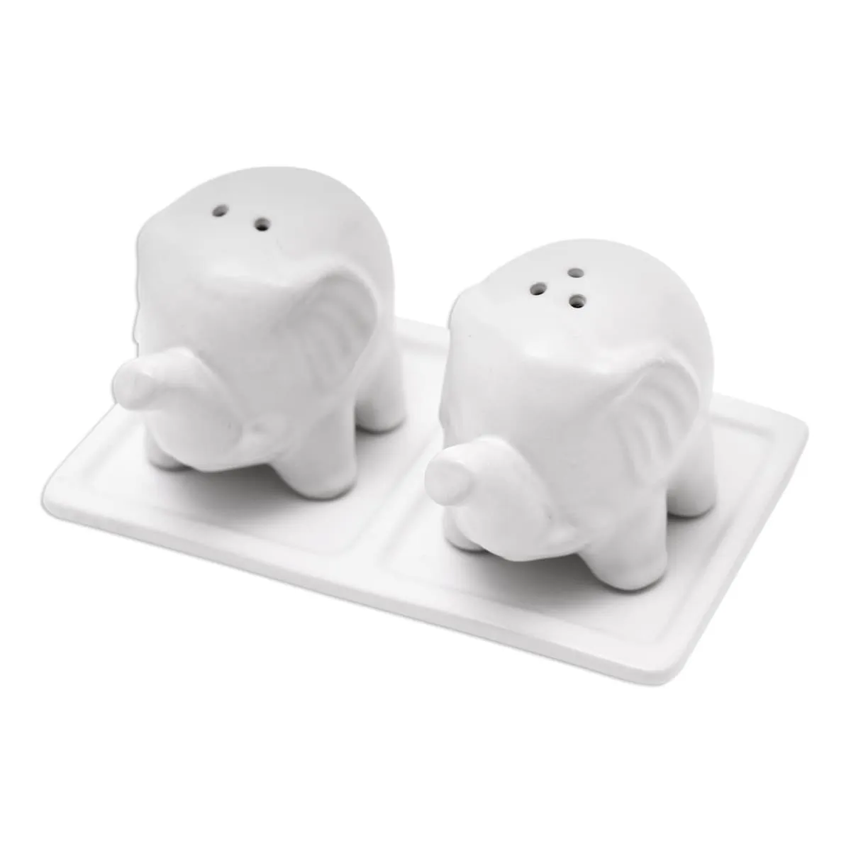 Novica Eager Elephants In White Ceramic Salt And Pepper Set