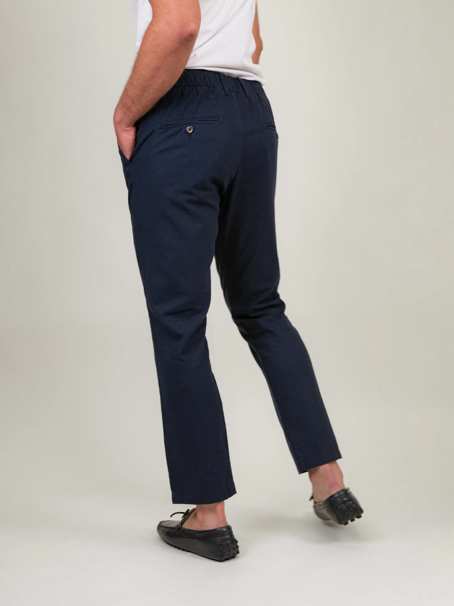 PANTALONE MISTO LINO A RIGHE BLU E BIANCO