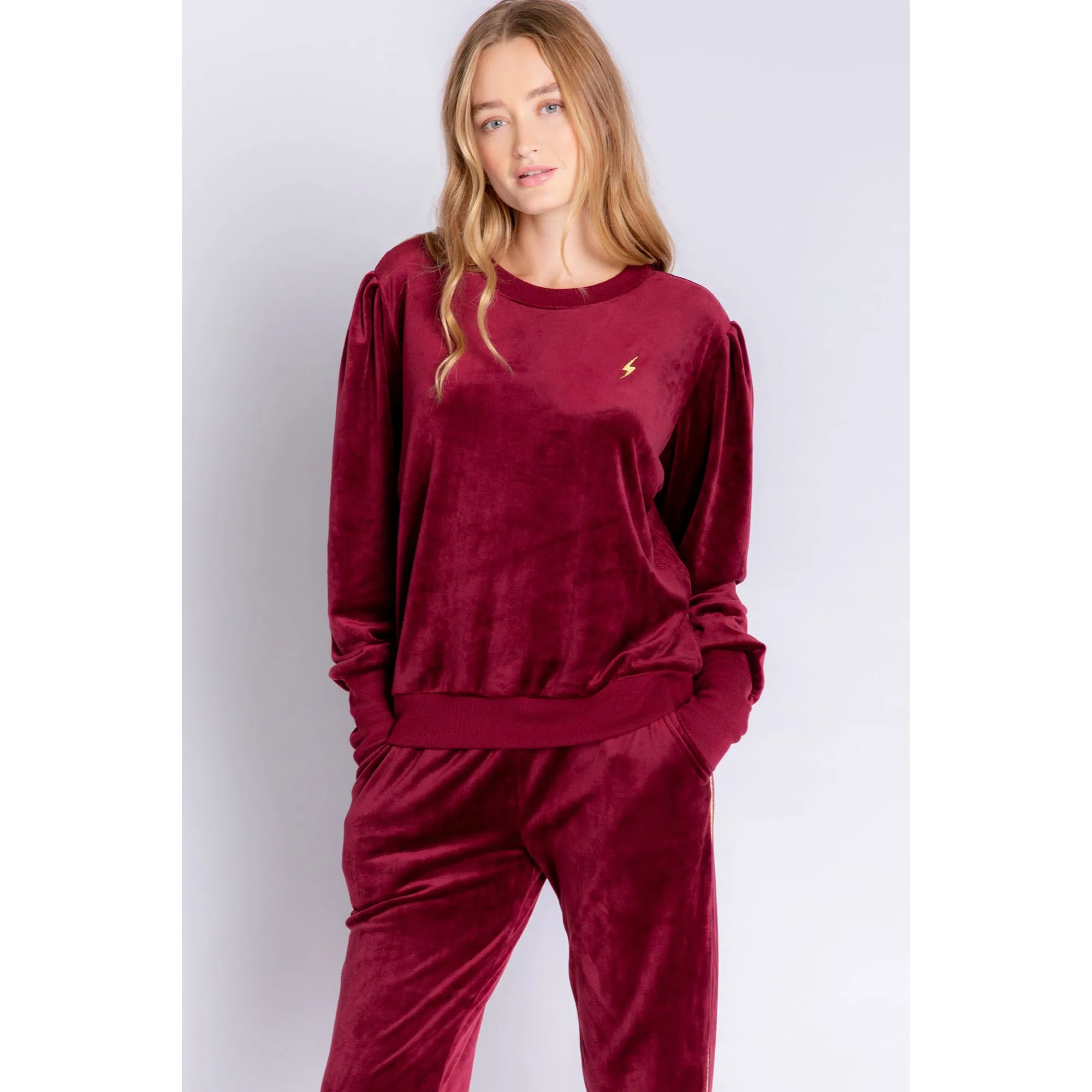 PJ Salvage Women's Velour Vanity Lightning Bolt Top - PORT