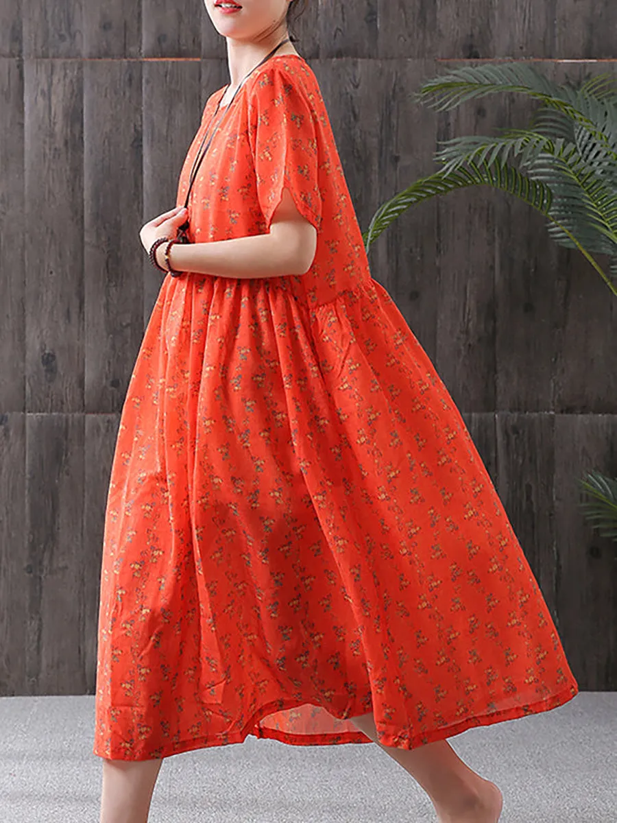 Plus Size - Floral Print Cotton Linen Loose A-Line Dress