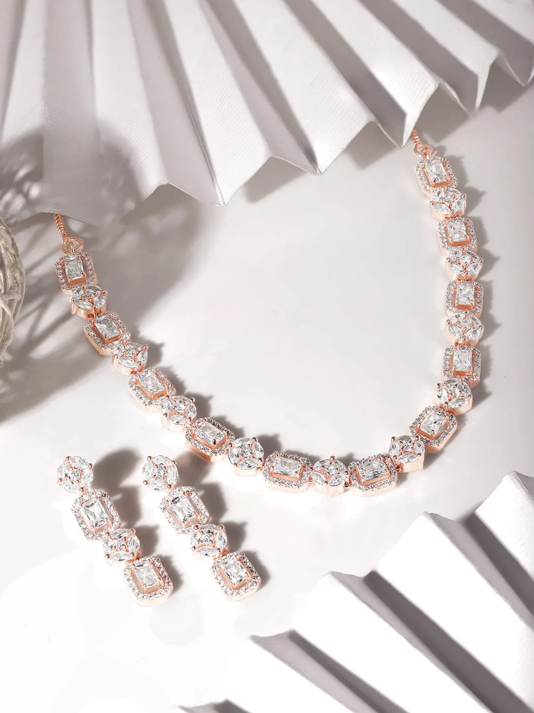 Rubans Rose Gold Plated Necklace Set With Studded American Diamonds