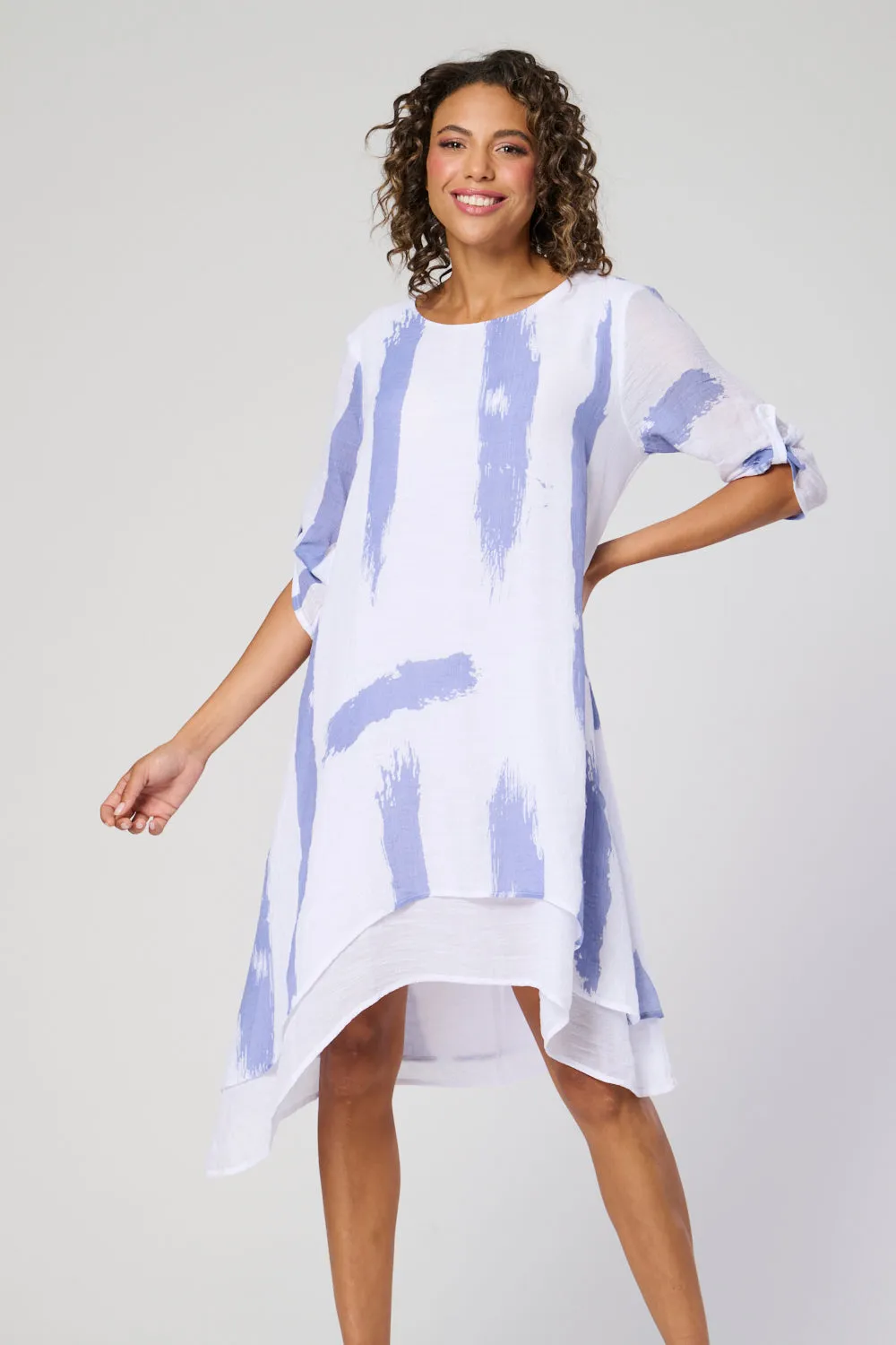 Saloos Ruched Sleeve Double Layer Dress with Necklace