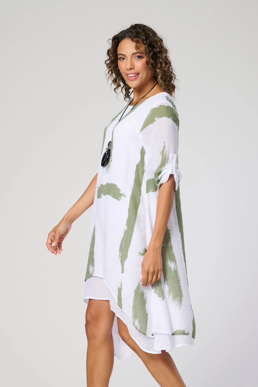 Saloos Ruched Sleeve Double Layer Dress with Necklace