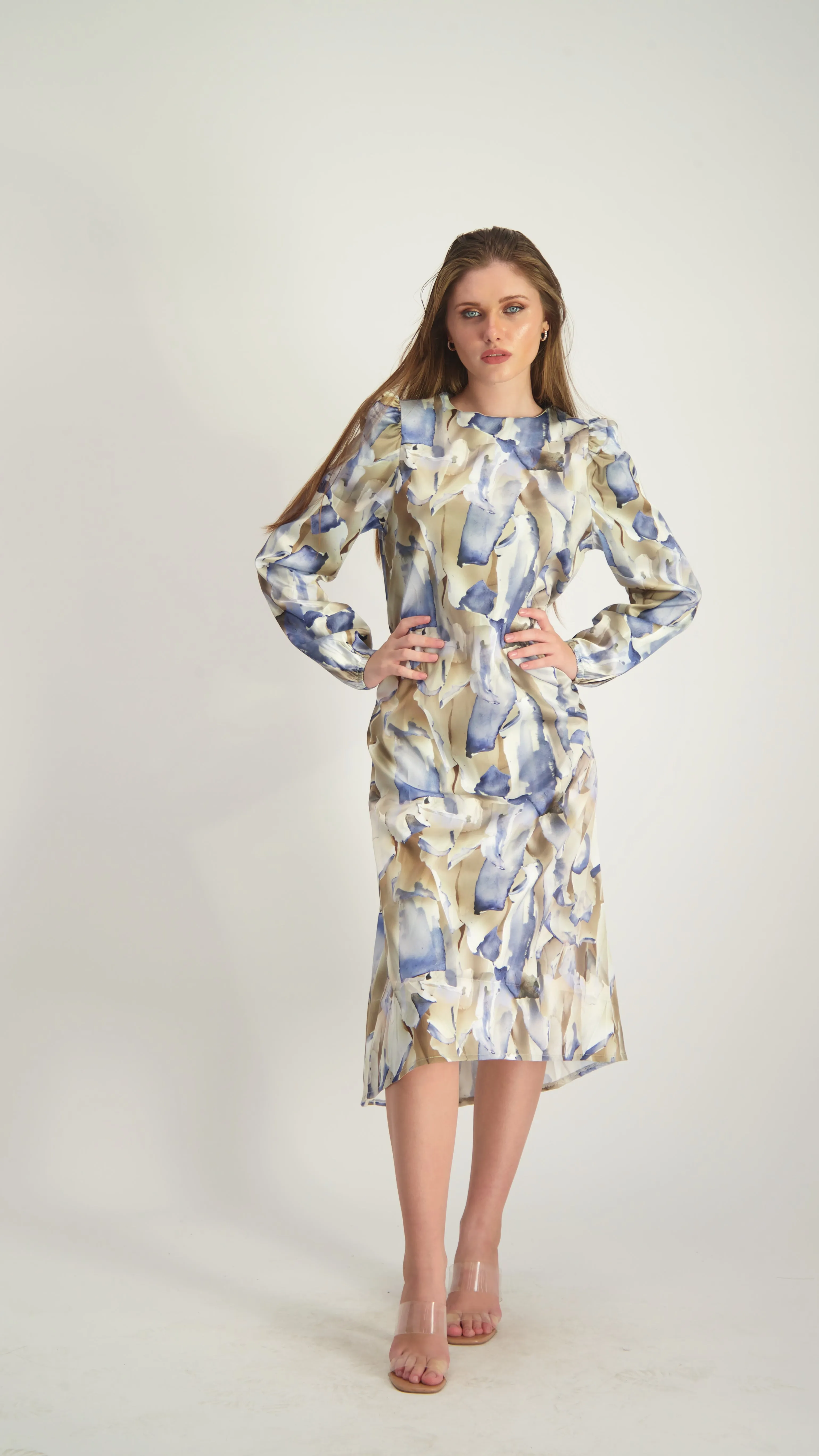 Satin A-line Dress with belt / Tie Dye