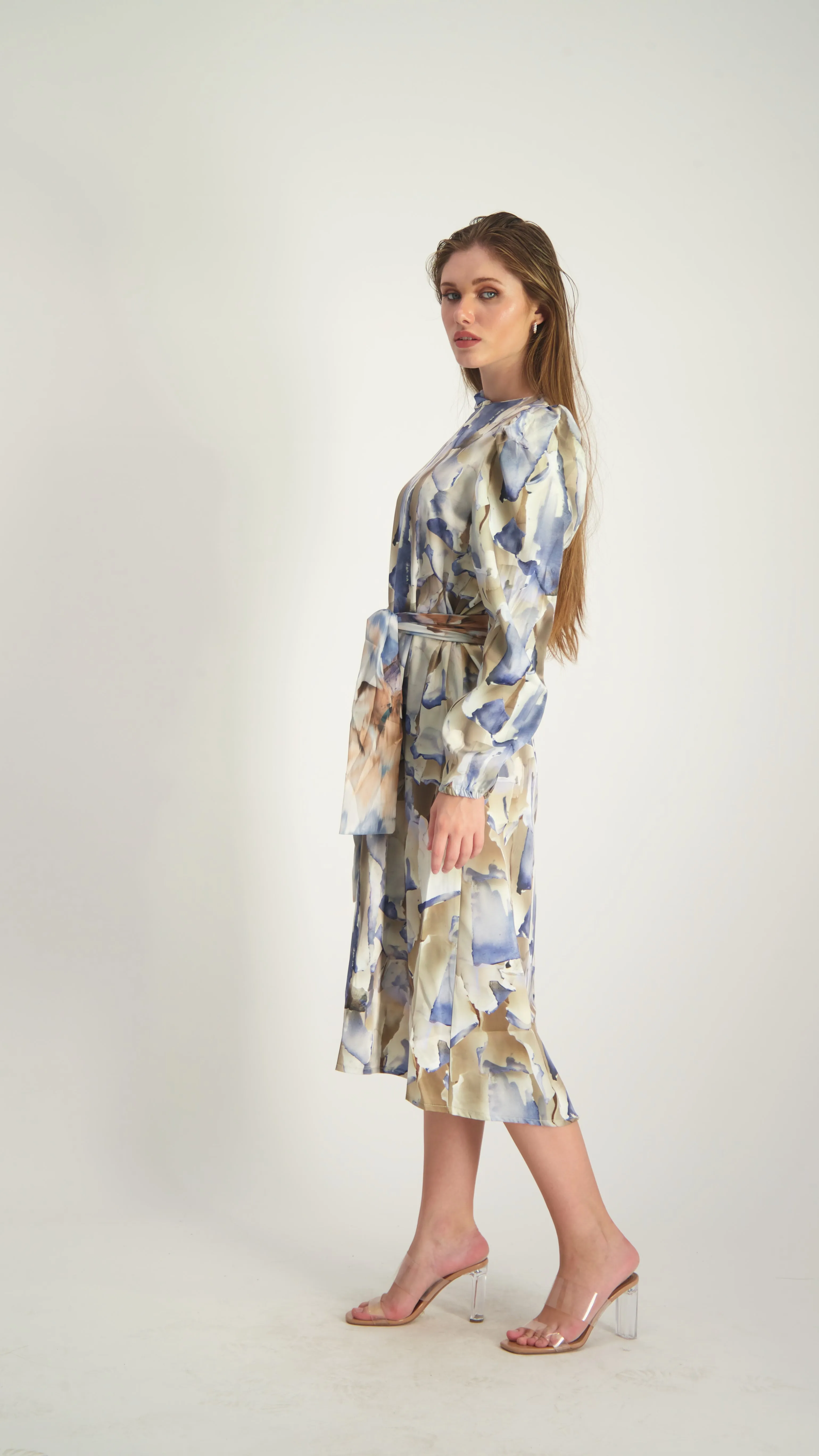 Satin A-line Dress with belt / Tie Dye