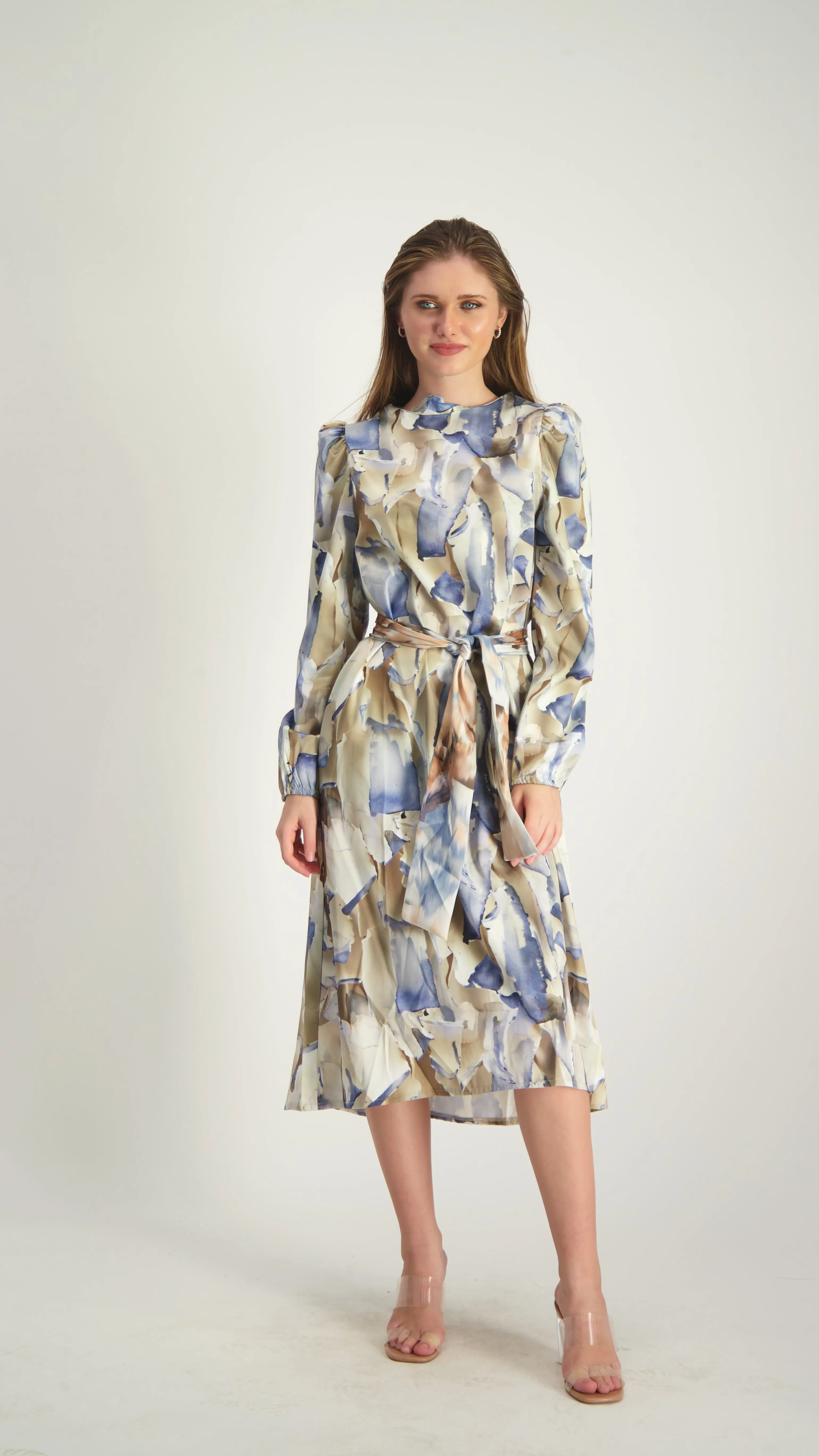 Satin A-line Dress with belt / Tie Dye