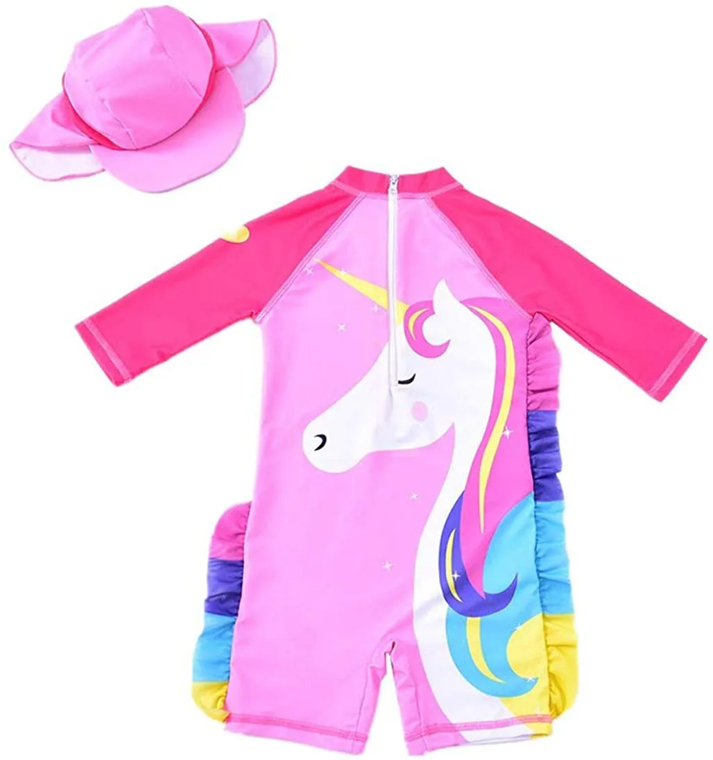 Set of Pink Unicorn One-Piece Long-sleeve Swimsuit and Hat