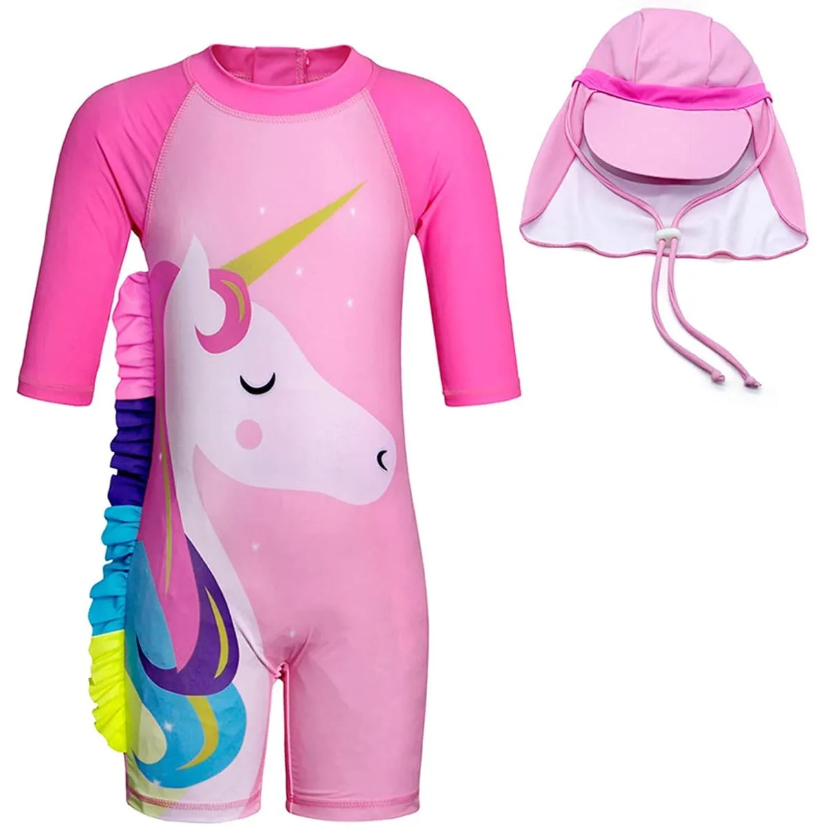 Set of Pink Unicorn One-Piece Long-sleeve Swimsuit and Hat