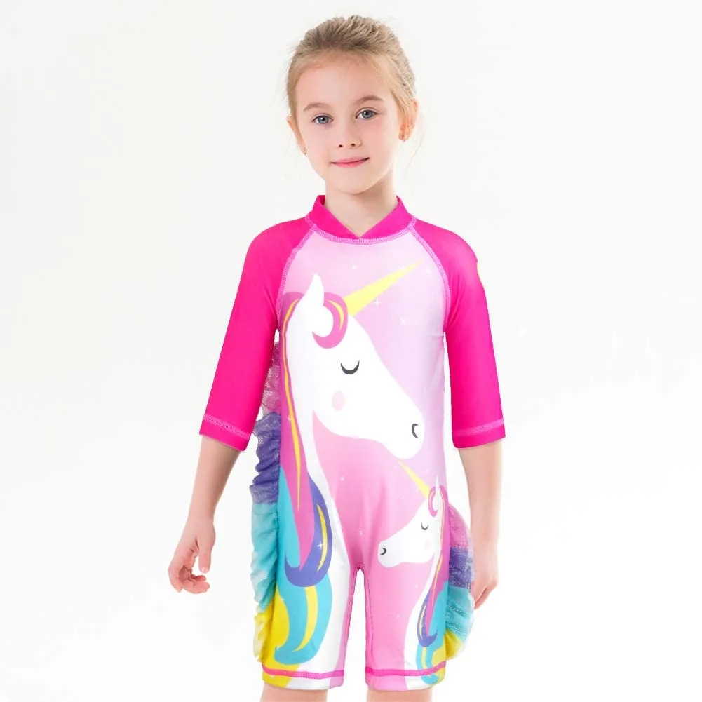 Set of Pink Unicorn One-Piece Long-sleeve Swimsuit and Hat