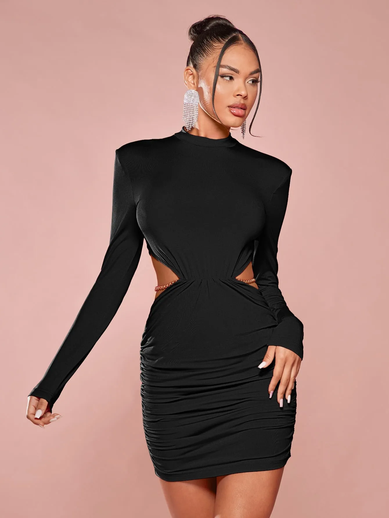 Shoulder Pad Cut Out Ruched Bodycon Dress