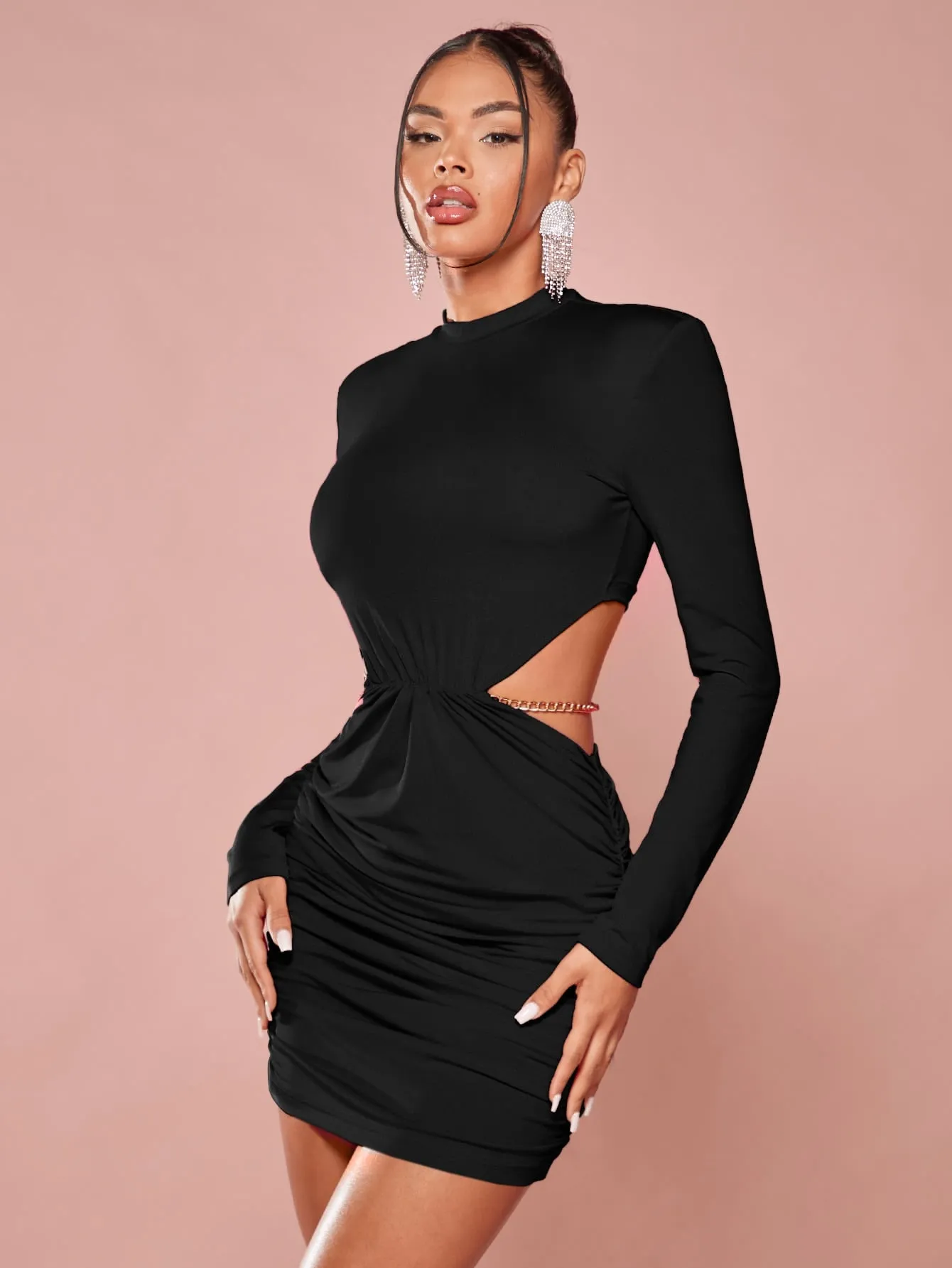 Shoulder Pad Cut Out Ruched Bodycon Dress