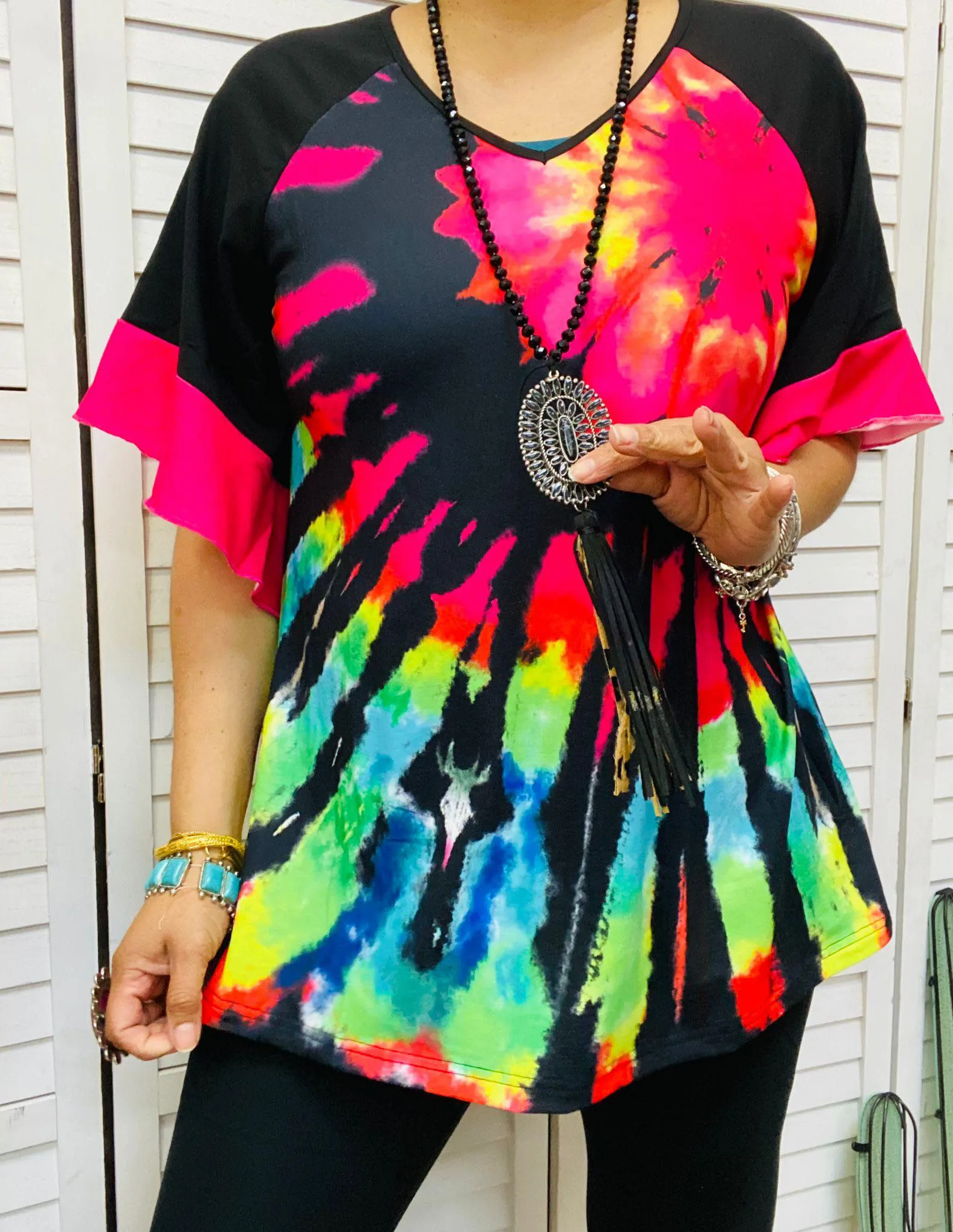 SMALL , Tie dye & Black bell sleeve top