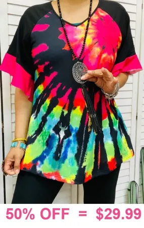 SMALL , Tie dye & Black bell sleeve top