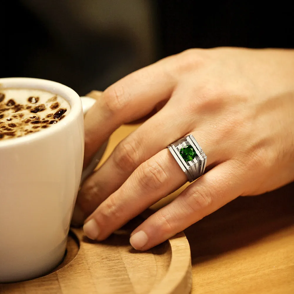 Solid 10K White Gold Ring Ring Green Emerald and 2 DIAMOND Accents