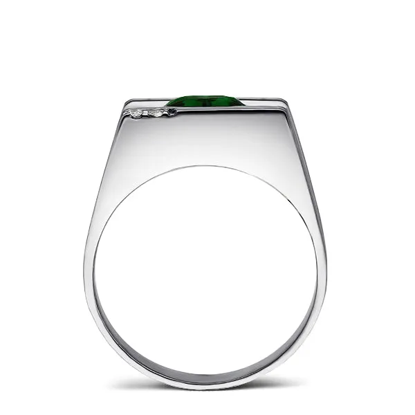 Solid 10K White Gold Ring Ring Green Emerald and 2 DIAMOND Accents