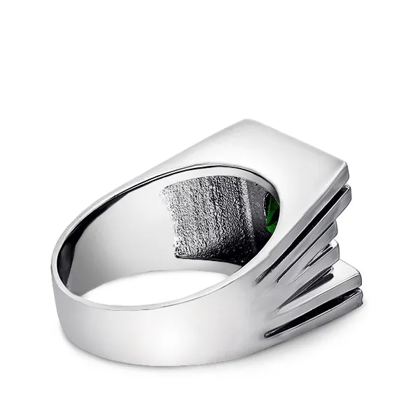 Solid 10K White Gold Ring Ring Green Emerald and 2 DIAMOND Accents