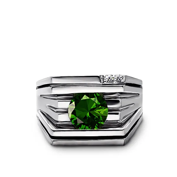 Solid 10K White Gold Ring Ring Green Emerald and 2 DIAMOND Accents