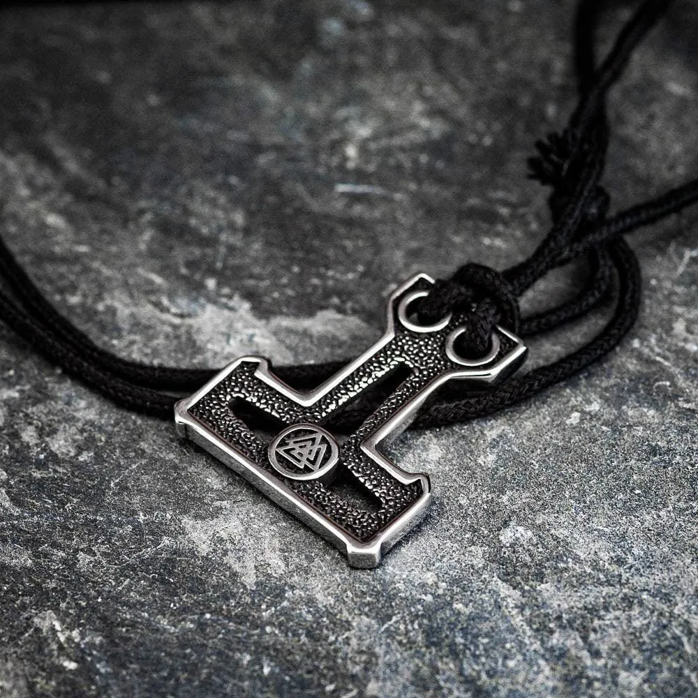 Stainless Steel Mjolnir and Valknut Necklace on Black Cord