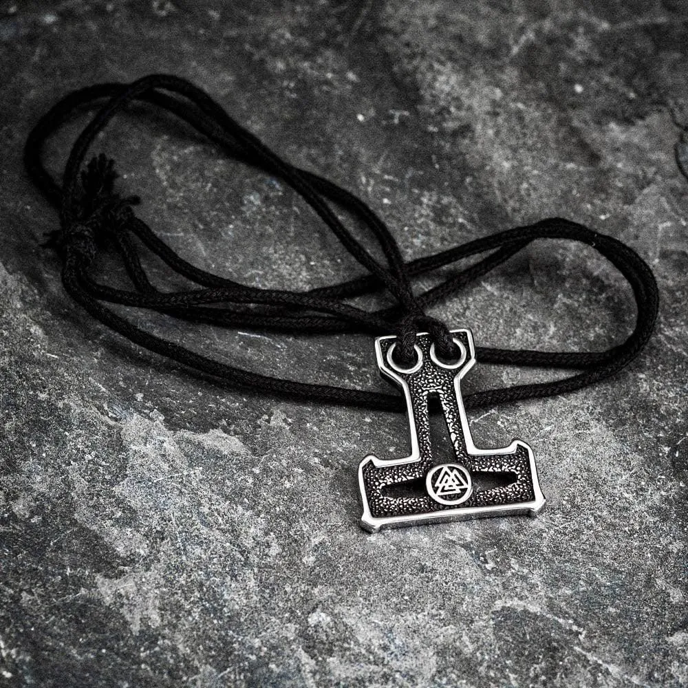 Stainless Steel Mjolnir and Valknut Necklace on Black Cord