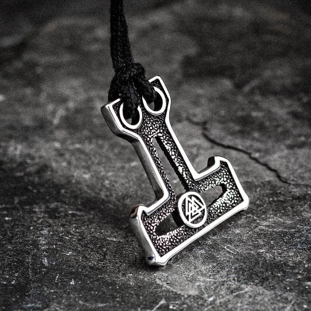 Stainless Steel Mjolnir and Valknut Necklace on Black Cord