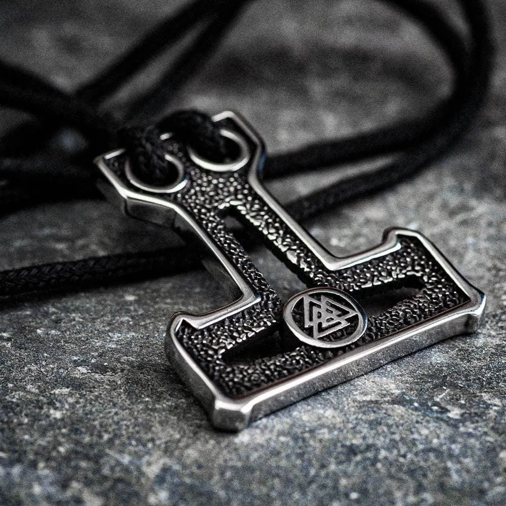 Stainless Steel Mjolnir and Valknut Necklace on Black Cord