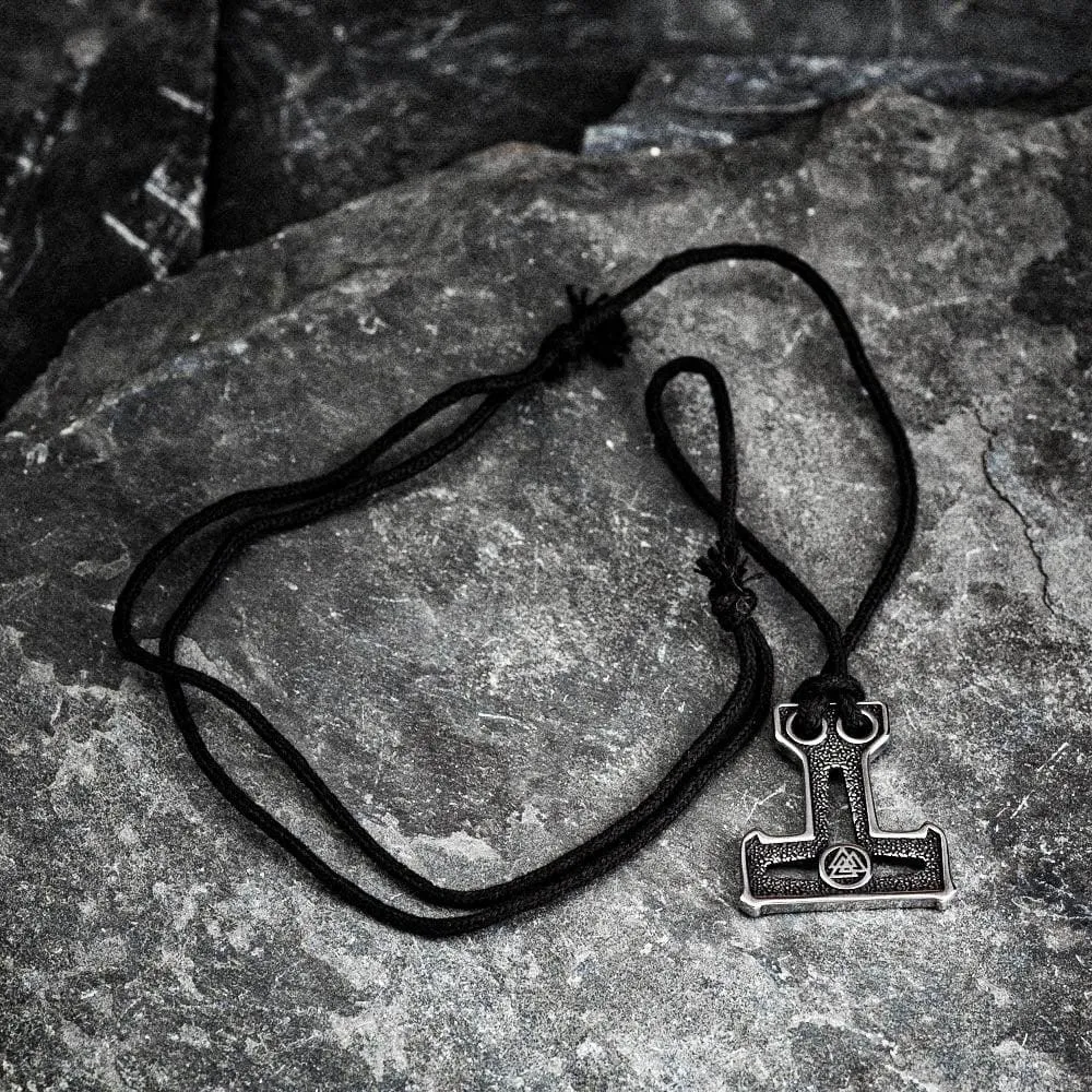 Stainless Steel Mjolnir and Valknut Necklace on Black Cord