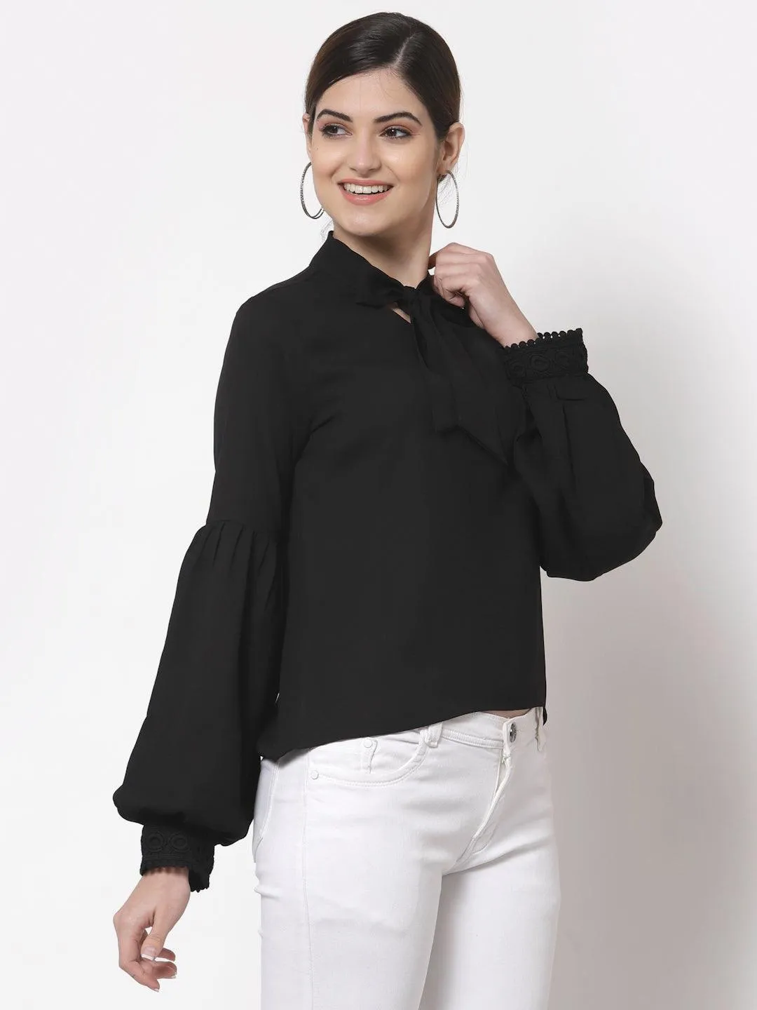 Style Quotient Black Tie-Up Neck Bishop Sleeves Crepe Top