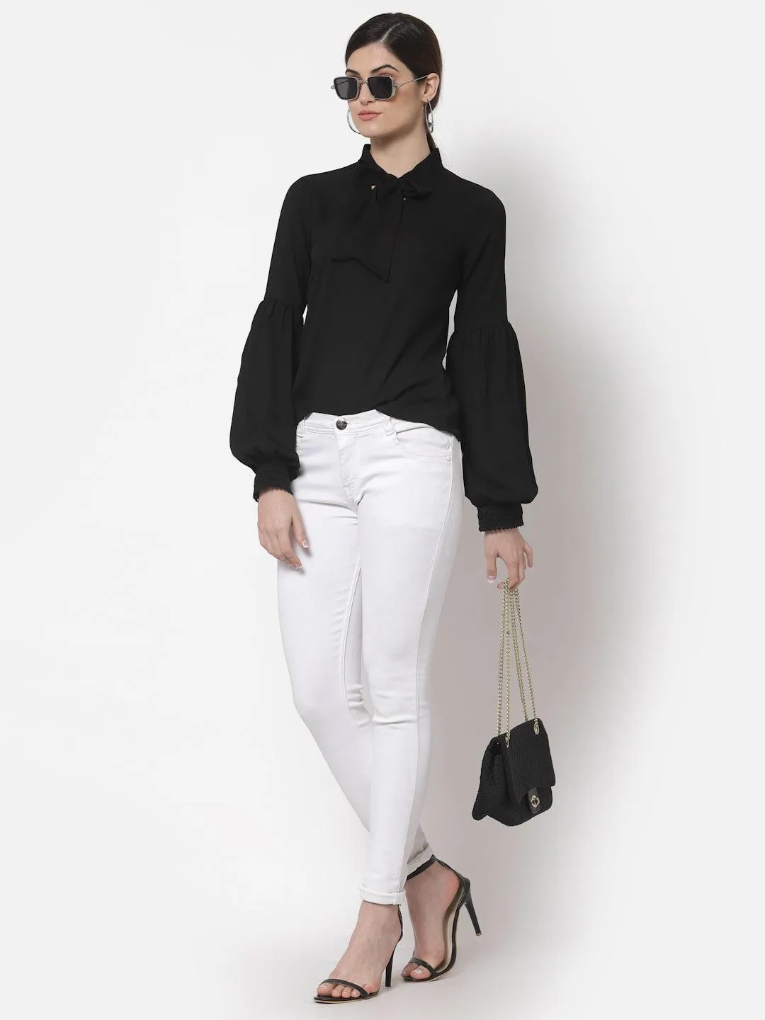 Style Quotient Black Tie-Up Neck Bishop Sleeves Crepe Top