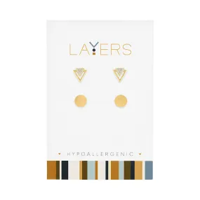 Twinkle Layers: Gold CZ Triangle & Round Double Pair Layers Earring Set - Lead and Nickel-Free, Gold Plated