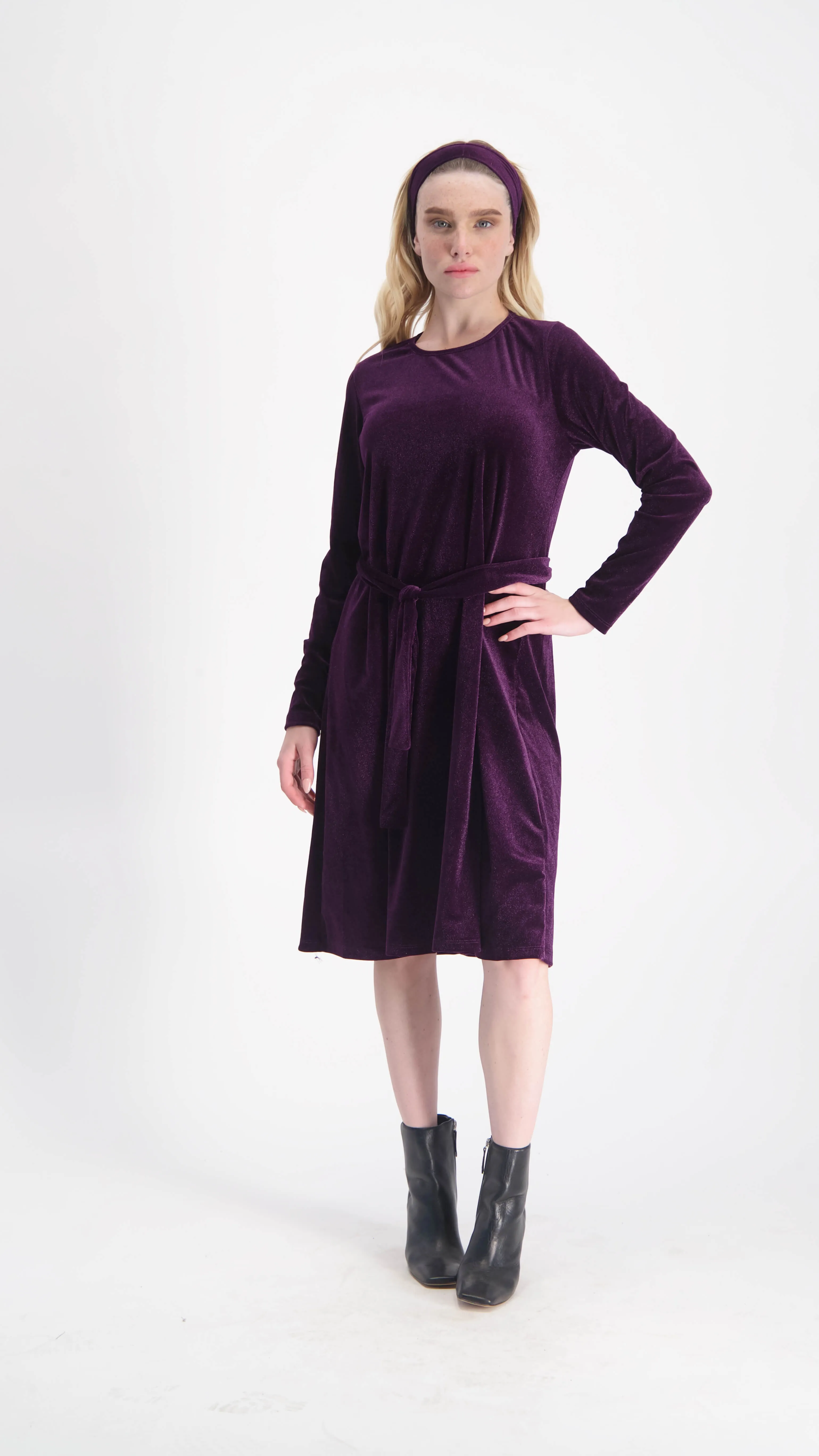 Velvet A-line Dress With Belt / Plum Shine