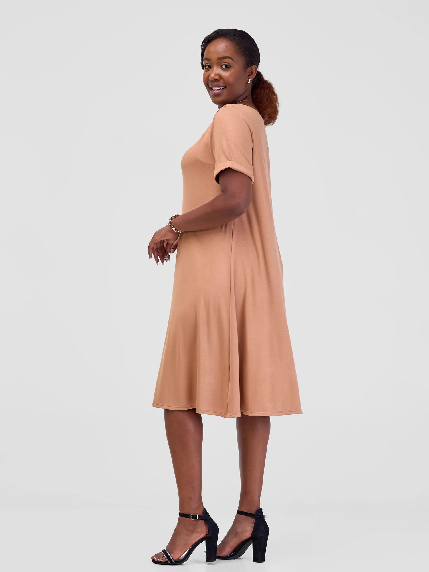 Vivo Leila Short Sleeve A-Line Dress - Tan