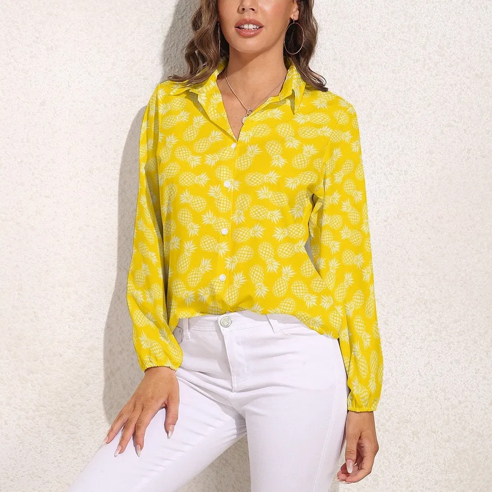 Yellow Pineapple Top Women, Neon Yellow Top, Pineapple Blouse Women, Tropical Top Women, Neon Top Women, Yelllow Long sleeve top women